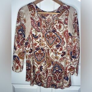 Bohemian Paisley Blouse with Crochet Details, Women’s Large Top